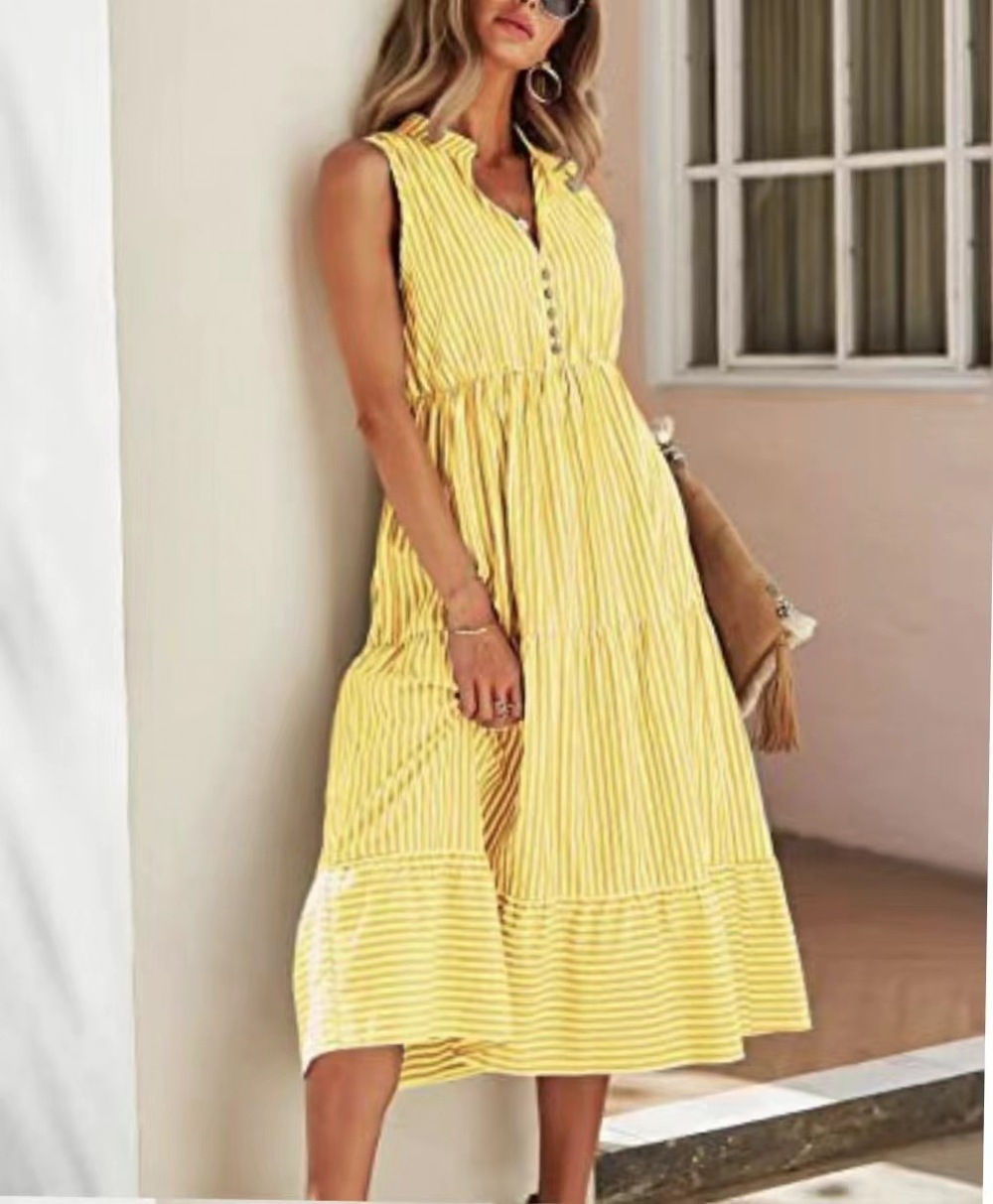 Women's Yellow Striped V-Neck Sleeveless Tiered Maxi Dress